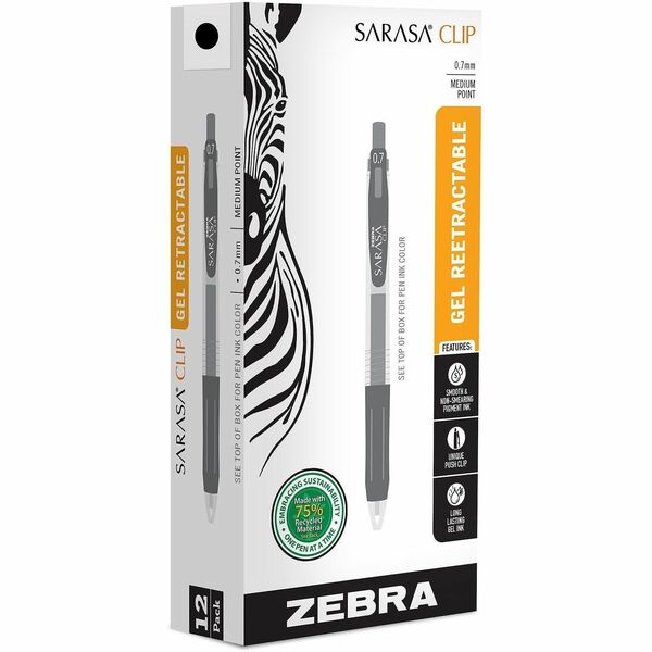 Zebra Pen SARASA Clip Retractable Gel Pen - 0.7 mm Pen Point Size - Retractable - Black Water Based, Pigment-based, Gel-based Ink - 1 Dozen