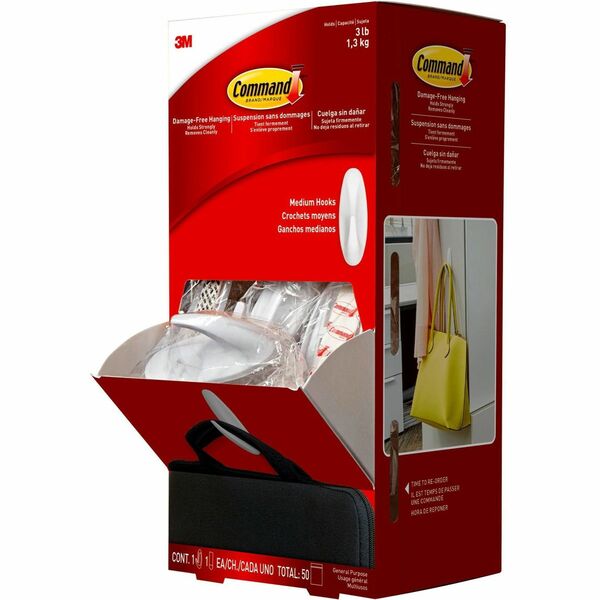 Command Hook Trial Pack - Medium - 3 lb (1.36 kg) Capacity - 3.1" Height - 1.1" Width - 3.1" Length - for Paint, Wood, Tile - Plastic - White - 50 / Carton