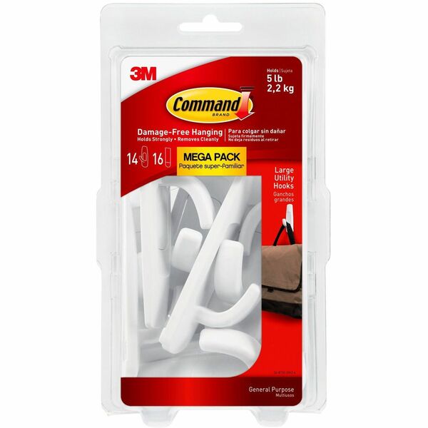 Command Large Utility Hook Mega Pack - 14 Hooks - 14 Large Hook - 5 lb (2.27 kg) Capacity - 3.9" Height - 1.8" Width - for Multipurpose, Paint, Wood, Tile - Plastic - White - 14 / Pack