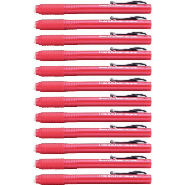 Pentel Rubber Grip Clic Eraser - Red - Pen - Refillable - 12 / Box - Retractable, Latex-free Grip, Pocket Clip, Ghost Resistant, Non-abrasive