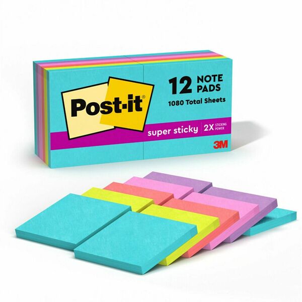 Post-it® Super Sticky Notes - Supernova Neons Color Collection - 1080 x Multicolor - 3" x 3" - Rectangle - 90 Sheets per Pad - Aqua Splash, Tropical Pink, Acid Lime, Guava, Iris Infusion - Paper - Self-adhesive, Recyclable - 12 / Pack