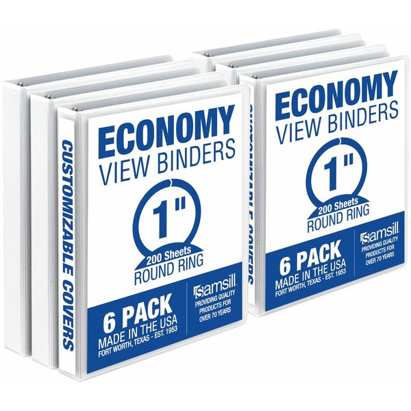 Samsill Economy 1 Inch 3 Ring Binder, Made in the USA, Round Ring Binder, Non-Stick Customizable Cover, White, 6 Pack (I08537) - 1" Binder Capacity - 200 Sheet Capacity - 3 x Round Ring Fastener(s) - Polypropylene, Chipboard, Plastic - White - 4.02 lb - Recycled - Customizable Spine/Cover, Clear Overlay, Non-stick, Non-glare - 6 / Carton