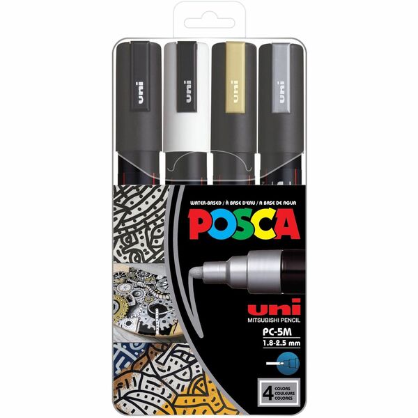 uniball™ POSCA Paint Marker - Medium Marker Point - 1.8 mm, 2.5 mm Marker Point Size - Bullet Marker Point Style - Black, White, Gold, Silver Water Based Ink - 4 / Pack