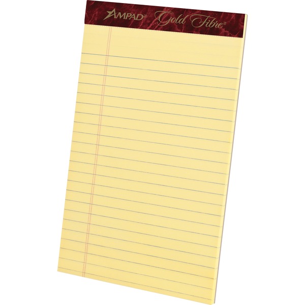Ampad Gold Fibre Premium Jr. Legal Writing Pads - 50 Sheets - Watermark - Stapled/Glued - 0.28" Ruled - Ruled Margin - 16 lb Basis Weight - 5" x 8" - Canary Paper - Chipboard Backing, Bleed-free, Micro Perforated - 1 Dozen
