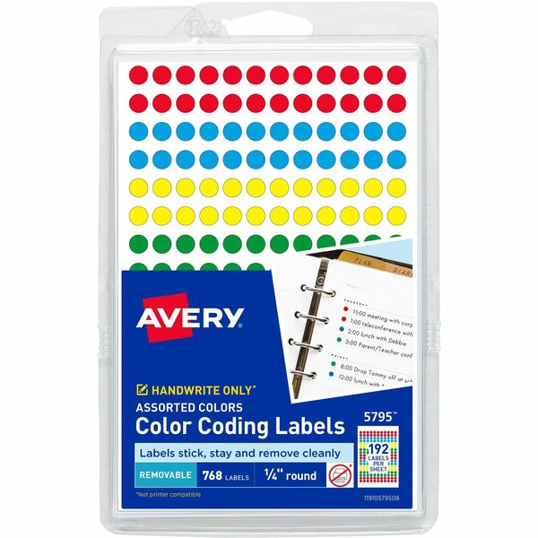 Avery® Dot Stickers, 1/4" Diameter, Assorted, 760 Total (5795) - - Width1/4" Diameter - Removable Adhesive - Round - Matte - Green, Light Blue, Red, Yellow - Paper - 192 / Sheet - 4 Total Sheets - 768 Total Label(s) - 768 / Pack