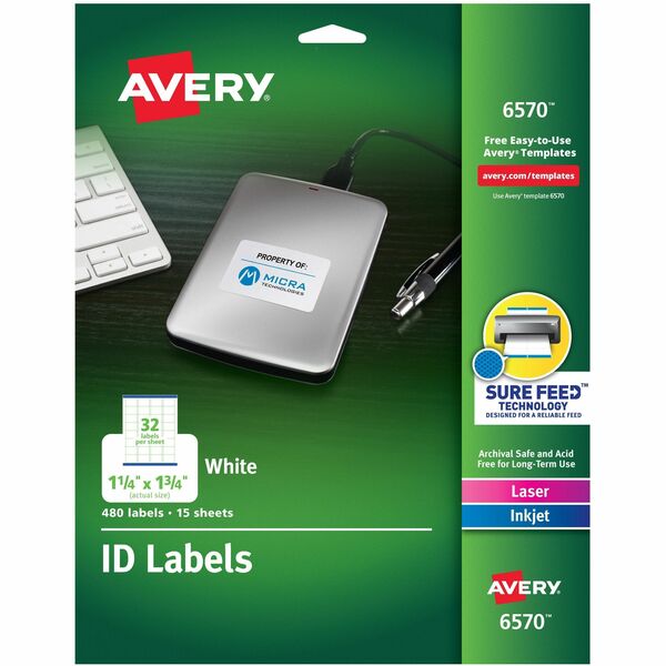 Avery® Laser Inkjet Printer Permanent ID Labels - 1 1/4" Width x 1 3/4" Length - Permanent Adhesive - Rectangle - Laser, Inkjet - White - Paper - 32 / Sheet - 15 Total Sheets - 480 Total Label(s) - 5