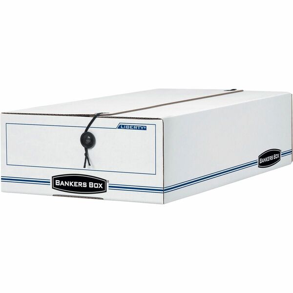 Bankers Box Liberty Check and Form Boxes - Internal Dimensions: 9" Width x 14.25" Depth x 4" Height - External Dimensions: 9.3" Width x 15" Depth x 4.3" Height - String/Button Tie Closure - Light Duty - Stackable - Fiberboard - White, Blue - For Check, Voucher Slip, File - Recycled - 12 / Carton