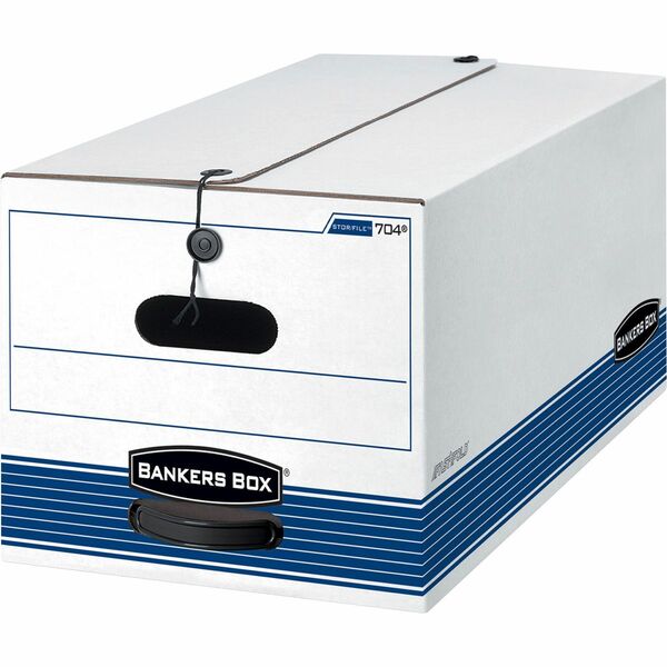 Bankers Box STOR/FILE File Storage Box - Internal Dimensions: 12" Width x 24" Depth x 10" Height - External Dimensions: 12.3" Width x 24.1" Depth x 10.8" Height - Media Size Supported: Letter - String/Button Tie Closure - Medium Duty - Stackable - Corrugated Paper - White, Blue - For File - Recycled - 12 / Carton