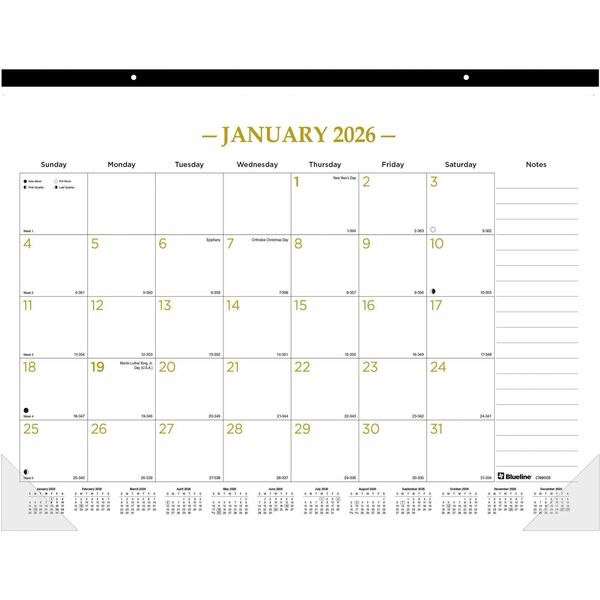 Blueline Classic Gold Monthly Desk Pad Calendar - Monthly - 12 Month - January 2025 - December 2025 - 1 Month Single Page Layout - 17" x 22" Sheet Size - Desk Pad - Clear, White - Chipboard, Vinyl - Dated Planning Page, Daily Block, Notes Section, Reference Calendar, Tear-off, Perforated, Reinforced, Writable Surface, Top Bound, Printed, Punched - 1 Each