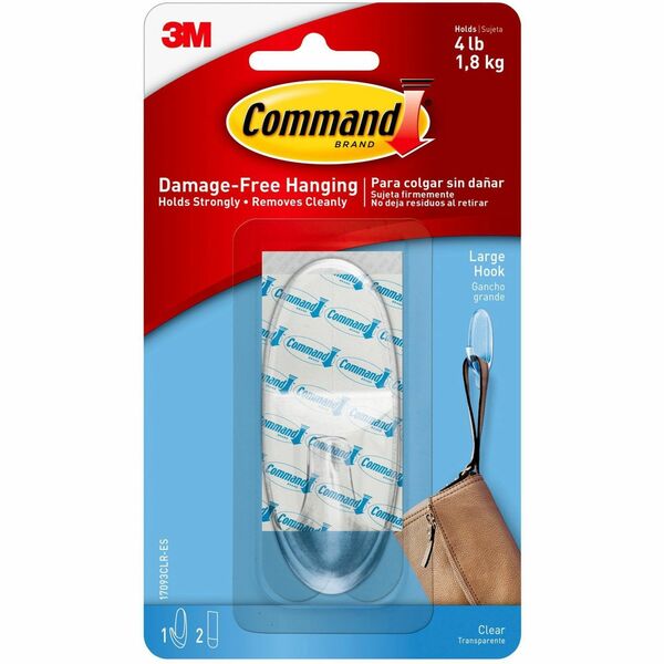 Command Large Hook with Clear Strips - 4 lb (1.81 kg) Capacity - 1.4" Width - 3.4" Length - for Decoration - Plastic - Clear - 1 / Pack
