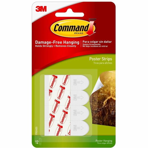 Command Small Poster Strips - 1.75" Length x 0.63" Width - 31.3 mil Thickness - Foam - 12 / Pack - White