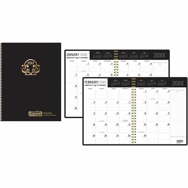 House of Doolittle Recycled Deco Days Planner - Julian Dates - Monthly - 14 Month - January - December - Sunday, Saturday - 1 Month Double Page Layout - 11" x 8 1/2" Sheet Size - 1.69" x 1.63" Block - Wire Bound - Black - Black Leather CoverDated Planning Page, Ruled Daily Block, Notes Section, Reference Month, Double-sided Pocket, Storage Pocket, Reference Sheet, Embossed, Holiday Listing - 1 Each