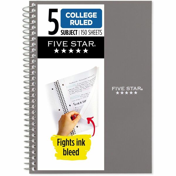 Mead College Ruled Notebook - 5 Subject(s) - 150 Sheets - Spiral - Ruled Margin - 6" x 9 1/2" - AssortedPlastic Cover - Double Sided Sheet, Ink Resistant, Perforated, Easy Tear, Tear Resistant, Durable, Water Resistant, Spiral Lock, Snag Resistant, Recyclable, Bleed Resistant - 1 Each