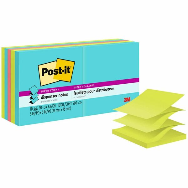 Post-it® Super Sticky Dispenser Notes - Supernova Neons Color Collection - 900 x Multicolor - 3" x 3" - Rectangle - 90 Sheets per Pad - Aqua Splash, Acid Lime, Guava - Paper - Self-adhesive, Removable, Recyclable - 10 / Pack