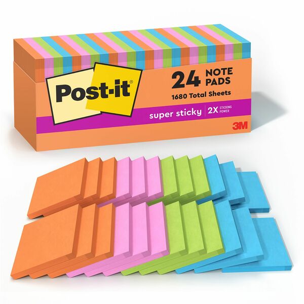 Post-it® Super Sticky Notes - Energy Boost Color Collection - 1680 x Multicolor - 3" x 3" - Square - 70 Sheets per Pad - Vital Orange, Tropical Pink, Sunnyside, Blue Paradise, Limeade - Paper - Self-adhesive, Recyclable - 24 / Pack