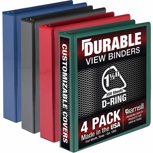 Samsill Durable 1.5 Inch Binder, Made in the USA, D Ring Customizable Clear View Binder, Basic Assortment, 4 Pack, Each Holds 350 Page (MP46458) - 1 1/2" Binder Capacity - Letter - 8 1/2" x 11" Sheet Size - 350 Sheet Capacity - D-Ring Fastener(s) - 2 Internal Pocket(s) - Chipboard, Polypropylene - Assorted - Recycled - Clear Overlay, Durable, Non-glare, PVC-free, Non-stick, Ink-transfer Resistant - 4 / Pack