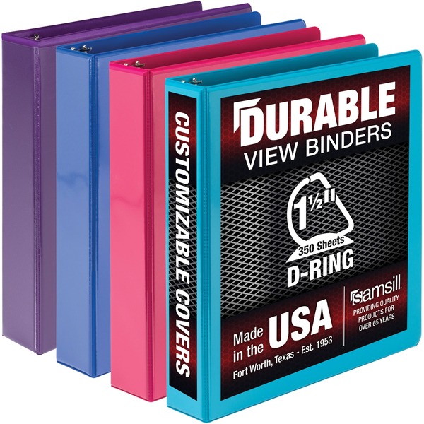 Samsill Durable 1.5 Inch Binder, Made in the USA, D Ring Customizable Clear View Binder, Fashion Assortment, 4 Pack, Each Holds 350 Page (MP46459) - 1 1/2" Binder Capacity - 350 Sheet Capacity - D-Ring Fastener(s) - Chipboard, Polypropylene - Assorted - Recycled - Clear Overlay, Durable, Non-glare, PVC-free, Non-stick, Ink-transfer Resistant - 4 / Pack