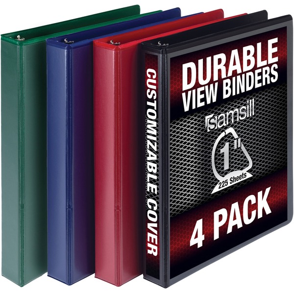Samsill Durable 1 Inch Binder, Made in The USA, D Ring Binder, Customizable Clear View Cover, Basic Assortment, 4 Pack, Each Holds 225 Pages (MP46409) - 1" Binder Capacity - Letter - 8 1/2" x 11" Sheet Size - 225 Sheet Capacity - 1" Ring - 3 x D-Ring Fastener(s) - 2 Internal Pocket(s) - Polypropylene, Chipboard - Black, Blue, Red, Green - Durable, Clear Overlay, Ink-transfer Resistant, Wear Resistant, Tear Resistant - 4 / Pack