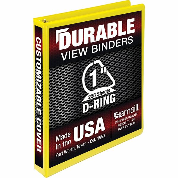 Samsill Durable Three-Ring View Binder - 1" Binder Capacity - 225 Sheet Capacity - 3 x D-Ring Fastener(s) - 2 Internal Pocket(s) - Polypropylene, Chipboard - Yellow - Yes - Durable, PVC-free, Ink-transfer Resistant, Clear Overlay, Sturdy - 1 Each