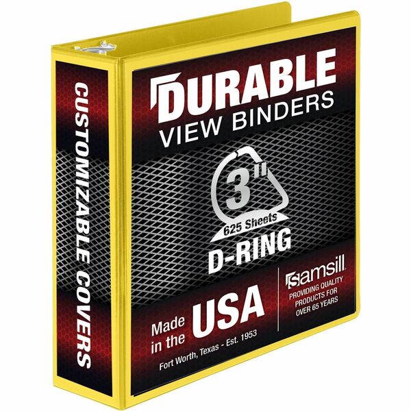 Samsill Durable Three-Ring View Binder - 3" Binder Capacity - 625 Sheet Capacity - 3 x D-Ring Fastener(s) - 2 Internal Pocket(s) - Polypropylene, Chipboard - Yellow - Yes - Durable, PVC-free, Ink-transfer Resistant, Clear Overlay, Sturdy - 1 Each