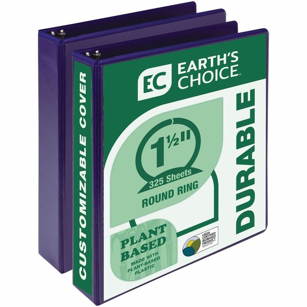 Samsill Earth's Choice Plant-based View Binders - 1 1/2" Binder Capacity - Letter - 8 1/2" x 11" Sheet Size - 3 x Round Ring Fastener(s) - Chipboard, Polypropylene, Plastic - Purple - Recycled - Bio-based, Durable, Recyclable, Punched, Clear Overlay, Non-glare, PVC-free, Non-stick, Ink-transfer Resistant, Document Holder - 2 / Pack