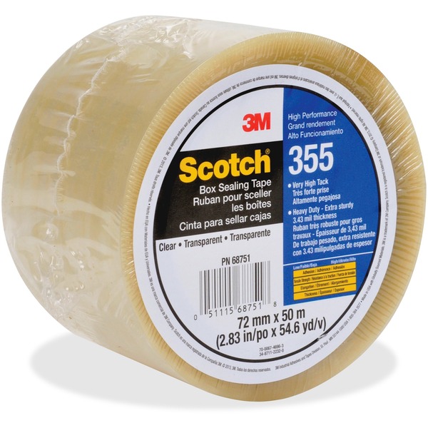 Scotch Box-Sealing Tape 355 - 54.68 yd Length x 2.83" Width - 3.5 mil Thickness - 3" Core - Rubber Resin - Polyester Backing - Moisture Resistant, Scuff Resistant, Split Resistant, Abrasion Resistant, Breakage Resistance - For Box, Industrial, Sealing - 1 / Roll - Clear