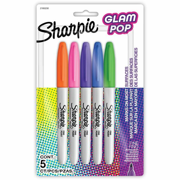 Sharpie Glam Pop Permanent Markers - Fine Marker Point - Assorted - 5 / Pack