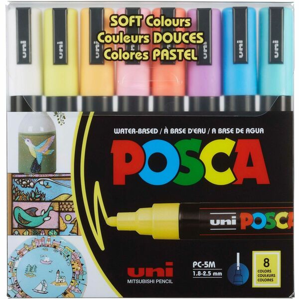 uniball™ POSCA Paint Marker - Fine Marker Point - 1.8 mm, 2.5 mm Marker Point Size - Bullet Marker Point Style - White, Yellow, Apricot, Pink, Lavender, Blue, Green Water Based Ink - 8 / Pack