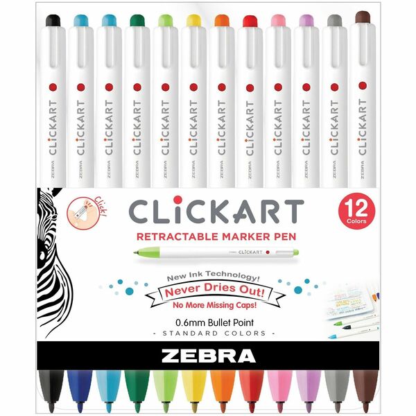 Zebra Pen ClickArt Retractable Markers Bullet Tip Assorted Colours 12/pkg - Fine Marker Point - 0.6 mm Marker Point Size - Bullet Marker Point Style - Retractable - Assorted Water Based Ink - 12 / Pack