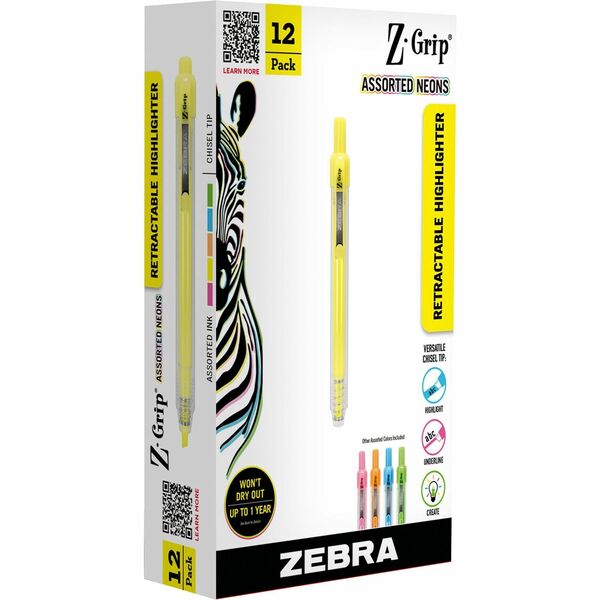 Zebra Pen Z-Grip Retractable Highlighter - Chisel Marker Point Style - Retractable - Assorted Neon - 12 / Pack