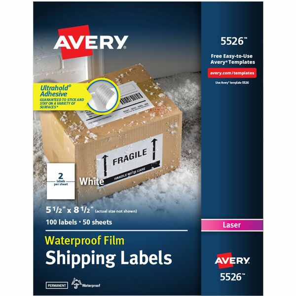 Avery® 5-1/2" x 8-1/2" Labels, Ultrahold, 100 Labels (5526) - Waterproof - 5 1/2" Width x 8 1/2" Length - Permanent Adhesive - Rectangle - Laser - White - Film - 2 / Sheet - 50 Total Sheets - 100 Total Label(s) - 5 - Permanent Adhesive, Durable, Stick & Stay, Customizable, Scuff Resistant, Tear Resistant, Smudge Resistant
