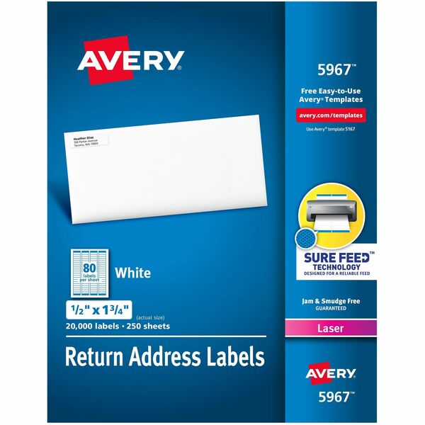 Avery® Easy Peel Mailing Laser Labels - 1/2" Width x 1 3/4" Length - Permanent Adhesive - Rectangle - Laser - White - Paper - 80 / Sheet - 250 Total Sheets - 20000 Total Label(s) - 2
