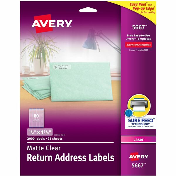 Avery® Easy Peel Return Address Labels - 1/2" Width x 1 3/4" Length - Permanent Adhesive - Rectangle - Laser - Clear - Film - 80 / Sheet - 25 Total Sheets - 2000 Total Label(s) - 2000 / Box