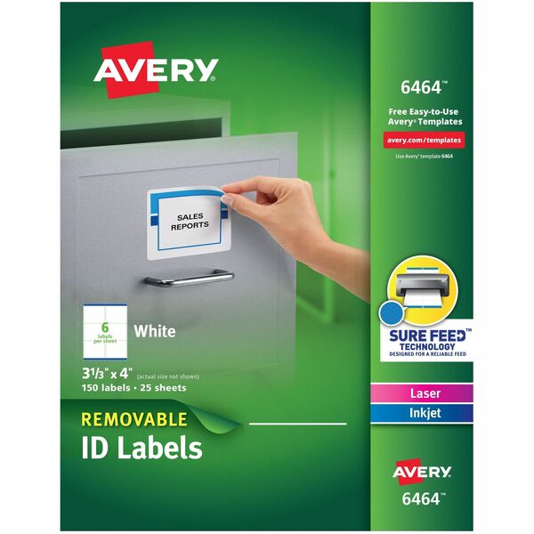 Avery® Removable I.D. Labels - 3 21/64" Width x 4" Length - Removable Adhesive - Rectangle - Laser, Inkjet - White - Paper - 6 / Sheet - 25 Total Sheets - 150 Total Label(s) - 150 / Pack
