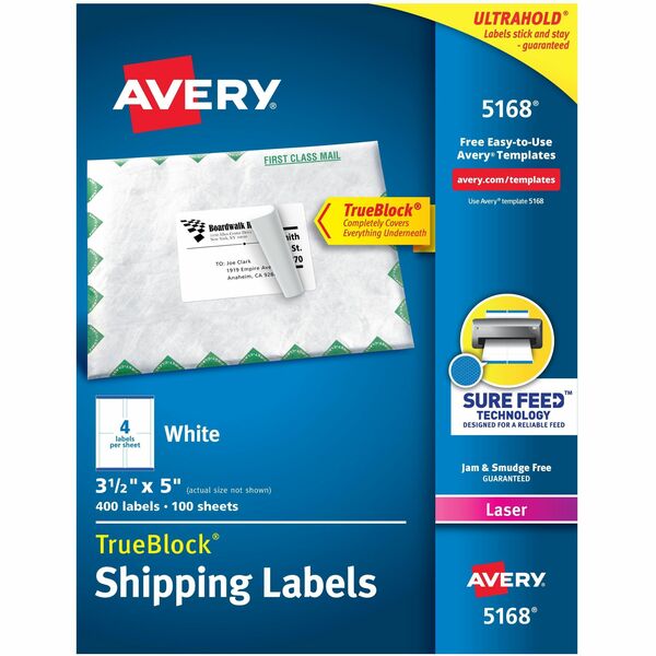 Avery® Shipping Labels, Sure Feed, 3-1/2" x 5" , 400 Labels (5168) - 3 1/2" Width x 5" Length - Permanent Adhesive - Rectangle - Laser - White - Paper - 4 / Sheet - 100 Total Sheets - 400 Total Label(s) - 400 / Box - Permanent Adhesive, Jam Resistant, Customizable