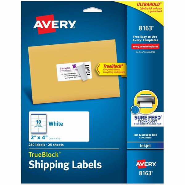 Avery® Shipping Labels, Sure Feed®, 2" x 4" , 100 Labels (18163) - 2" Width x 4" Length - Permanent Adhesive - Rectangle - Inkjet - White - Paper - 10 / Sheet - 25 Total Sheets - 250 Total Label(s) - 5 - Permanent Adhesive, Jam Resistant, Customizable