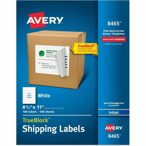 Avery® TrueBlock Shipping Label - 8 1/2" Width x 11" Length - Permanent Adhesive - Inkjet - White - Paper - 1 / Sheet - 100 Total Sheets - 100 Total Label(s) - 100 / Box - Permanent Adhesive, Jam Resistant, Smudge Resistant, Customizable, Stick & Stay