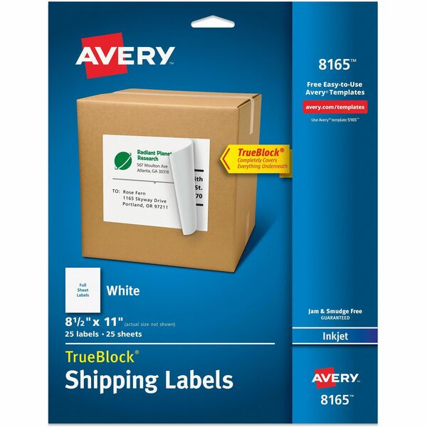 Avery® TrueBlock Shipping Labels, 8-1/2" x 11" , 25 Labels (8165) - 8 1/2" Width x 11" Length - Permanent Adhesive - Inkjet - White - Paper - 1 / Sheet - 25 Total Sheets - 25 Total Label(s) - 25 / Pack - Permanent Adhesive, Jam Resistant, Smudge Resistant, Customizable, Stick & Stay