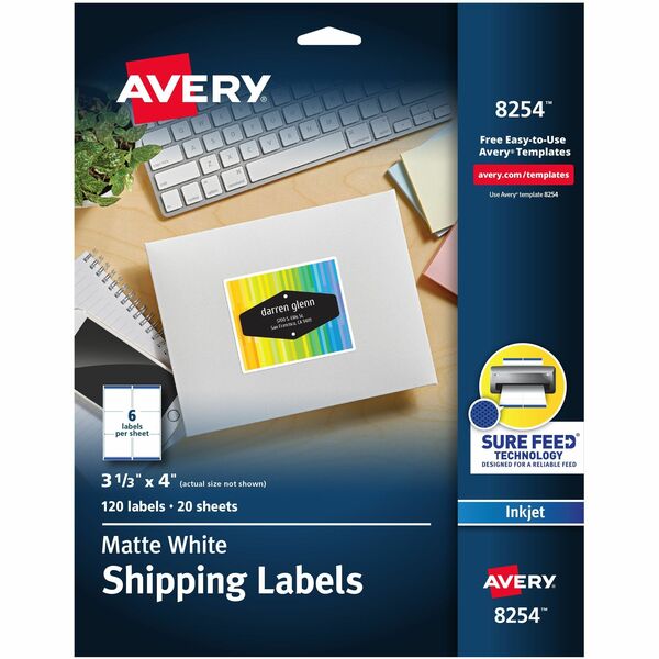 Avery® White Shipping Labels, Sure Feed®, 3-1/3" x 4" , 120 Labels (8254) - 3 21/64" Width x 4" Length - Permanent Adhesive - Rectangle - Inkjet, Laser - White - Paper - 6 / Sheet - 20 Total Sheets - 120 Total Label(s) - 5 - Repositionable, Permanent Adhesive, Jam Resistant, Customizable