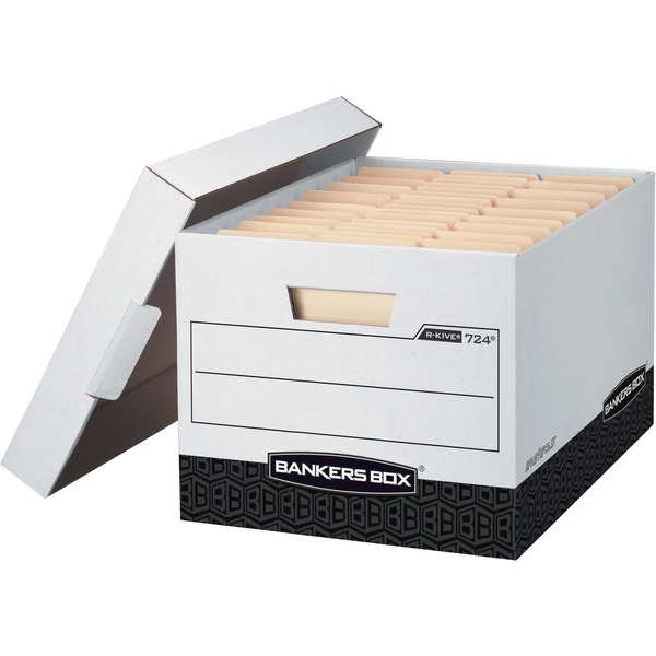 Bankers Box R-Kive File Storage Box - Internal Dimensions: 12" Width x 15" Depth x 10" Height - External Dimensions: 12.8" Width x 16.5" Depth x 10.4" Height - Media Size Supported: Letter, Legal - Lift-off Closure - Heavy Duty - Stackable - White, Black - For File - Recycled - 12 / Carton
