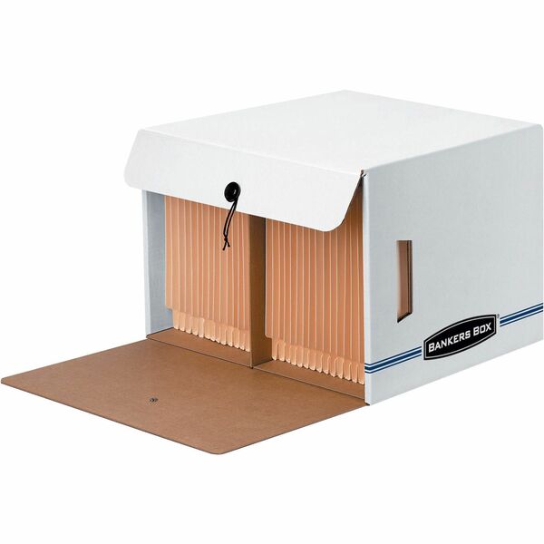 Bankers Box Side-Tab File Storage Boxes - Internal Dimensions: 15.25" Width x 13.50" Depth x 10.75" Height - External Dimensions: 16" Width x 14" Depth x 11.3" Height - Media Size Supported: Letter - String/Button Tie Closure - Light Duty - Stackable - White, Blue - For File, Folder - Recycled - 12 / Carton