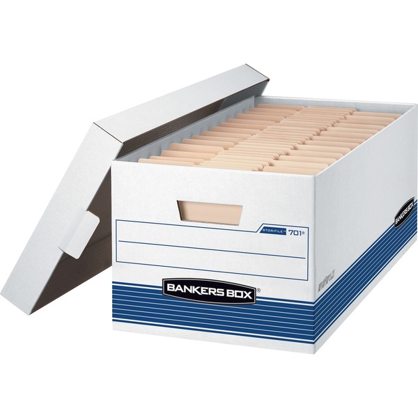 Bankers Box STOR/FILE Storage Box - Internal Dimensions: 12" Width x 24" Depth x 10" Height - External Dimensions: 12.9" Width x 25.4" Depth x 10.3" Height - Media Size Supported: Letter - Lift-off Closure - Medium Duty - Stackable - White, Blue - For File - Recycled - 12 / Carton