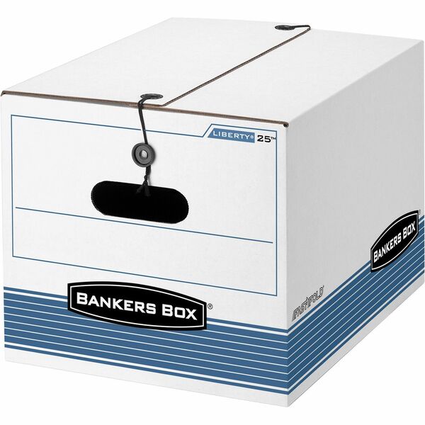 Bankers Box STOR/FILE Storage Boxes - Internal Dimensions: 12" Width x 15.50" Depth x 10.25" Height - External Dimensions: 12.3" Width x 16" Depth x 11" Height - Media Size Supported: Letter, Legal - String/Button Tie Closure - Medium Duty - Double End/Single Side/Double Bottom Wall - Stackable - Fiberboard, Plastic - White, Blue - For File - Recycled - 12 / Carton