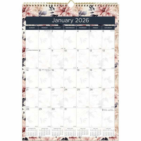 Blueline Abstract Floral Monthly Wall Calendar - Monthly - 12 Month - January - December - 1 Month Single Page Layout - 17" x 12" Sheet Size - Wire Bound - Wall Mount - Abstract Floral - Chipboard - Dated Planning Page, Daily Block, Reference Calendar, Reinforced - 1 Each