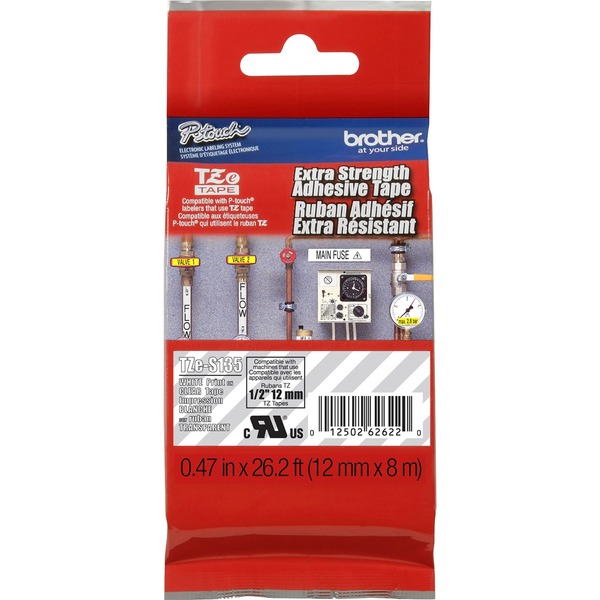 Brother P-touch Industrial TZe Tape Cartridges - 1/2" Width - Permanent Adhesive - Direct Thermal, Thermal Transfer - Clear - Polyethylene - 1 Each - Water Resistant - High Durable, Abrasion Resistant, Chemical Resistant, Fade Resistant, Temperature Resistant, Solvent Resistant, Self-adhesive
