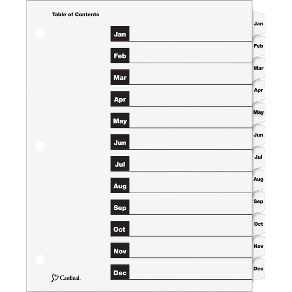 Cardinal OneStep Monthly Index System - 12 x Divider(s) - Printed Tab(s) - Month - Jan-Dec - 12 Tab(s)/Set - 9" Divider Width x 11" Divider Length - Letter - 8.50" Width x 11" Length - 3 Hole Punched - White Divider - White Mylar Tab(s) - Reinforced Tab, Reinforced Edges - 12 / Set