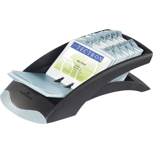 DURABLE® VISIFIX® Desk Business Card File - 100 Double-Sided Sleeves - For 2.87" x 4.12" Size Card - 25 Alphabetical Index Sleeves - Black, Gray