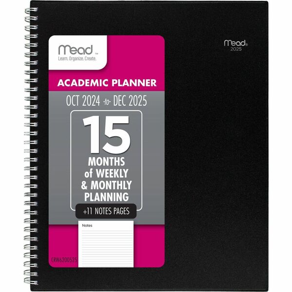 Mead Basic 2022-2023 Weekly Monthly Planner, Black, Large, 8 1/2" x 11" - Large Size - Weekly, Monthly - 15 Month - October 2022 - December 2023 - 1 Week, 1 Month Double Page Layout - 8 1/2" x 11" Sheet Size - Twin Wire - Black - Poly - Black CoverFlexible Cover, Ruled