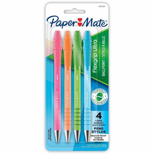 Paper Mate Flexgrip Ultra Recycled Pens - Medium Pen Point - 1 mm Pen Point Size - Retractable - Black - Green Rubberized, Pink, Orange, Blue, Assorted Barrel - 4 / Pack