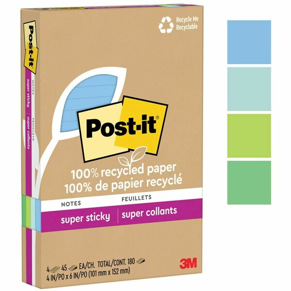 Post-it® Super Sticky Adhesive Note - 180 - 4" x 6" - 45 Sheets per Pad - Assorted Oasis - Removable, Repositionable, Recyclable - 4 Pad - Recycled